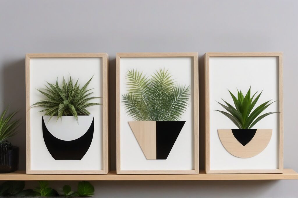 Tres lienzos con disenos geometricos de pintura acrilica expuestos en una estanteria de madera con plantas