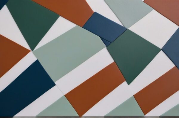 Primer plano de un cuadro acrilico geometrico con triangulos en azul, verde salvia y terracota sobre lienzo blanco