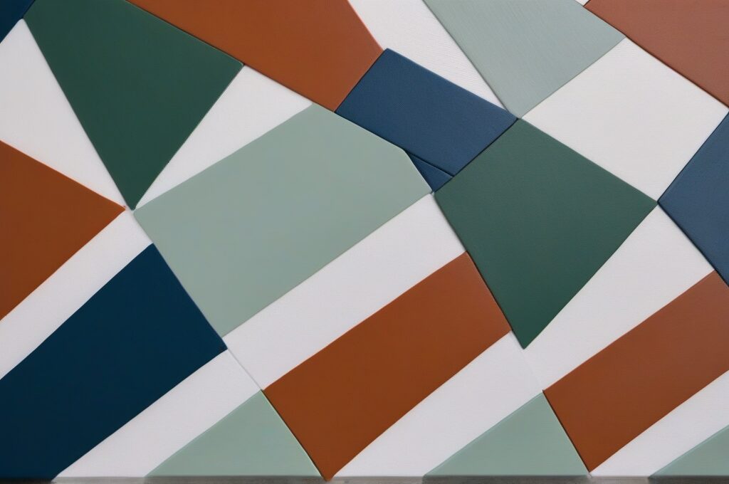 Primer plano de un cuadro acrilico geometrico con triangulos en azul, verde salvia y terracota sobre lienzo blanco