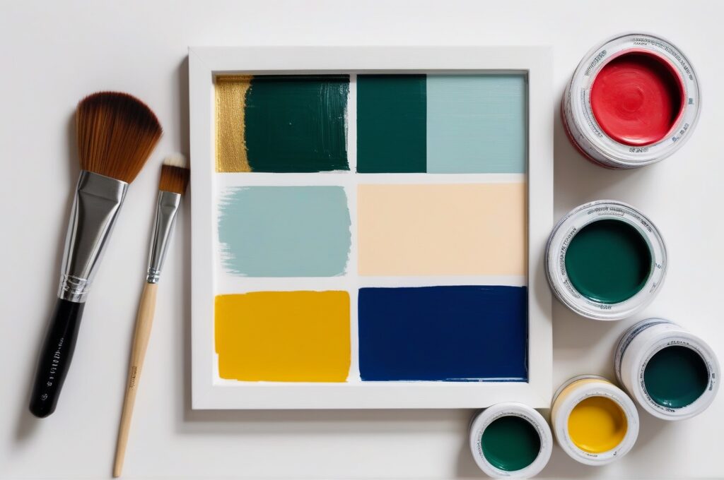 Vista cenital de materiales para pintura acrilica geometrica: pinturas, pinceles, cinta de carrocero y obra terminada