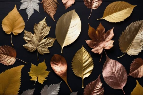 Coleccion de hojas naturales pintadas con pintura metalizada en tonos dorado, plateado y cobrizo sobre superficie de madera oscura