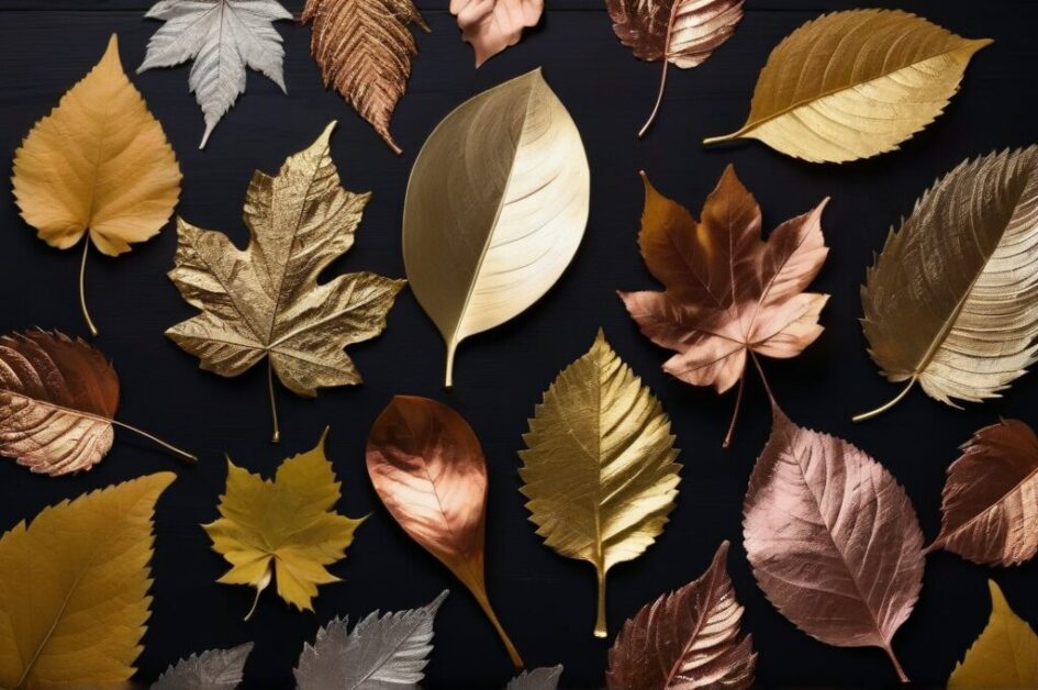 Coleccion de hojas naturales pintadas con pintura metalizada en tonos dorado, plateado y cobrizo sobre superficie de madera oscura