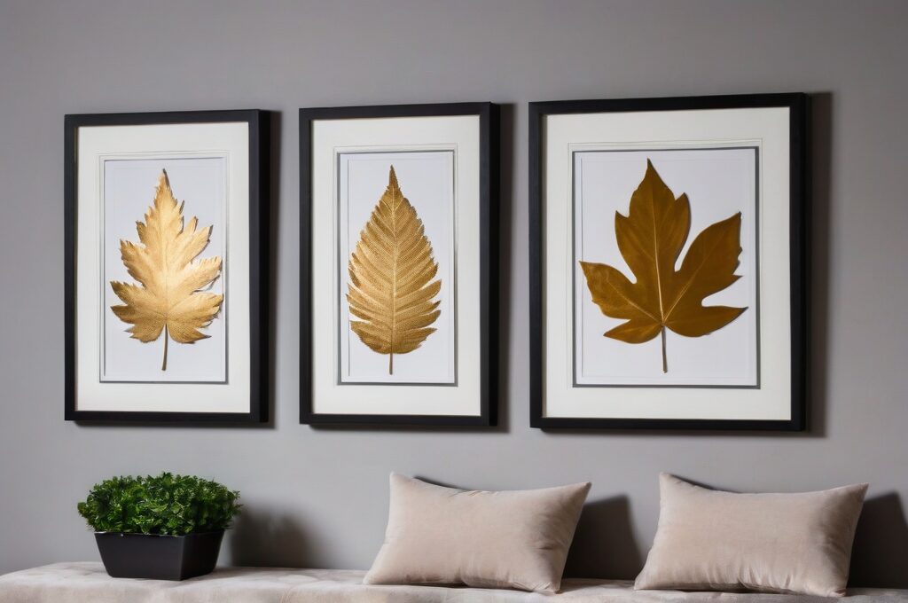 Hojas pintadas con pintura metalizada usadas como cuadro enmarcado y elementos decorativos de mesa en un hogar de estilo moderno