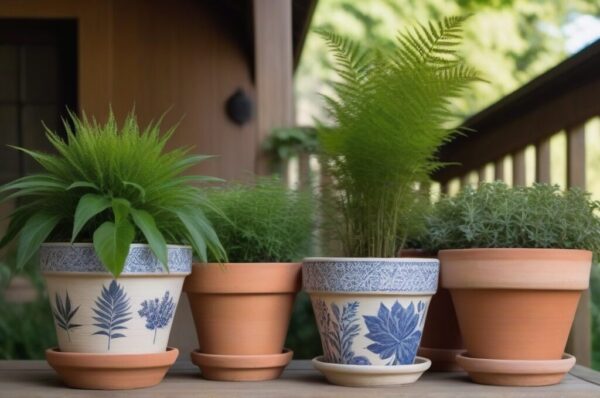 Macetas de terracota decoradas con diseños botánicos mediante técnica de transfer sobre mesa de madera en jardín
