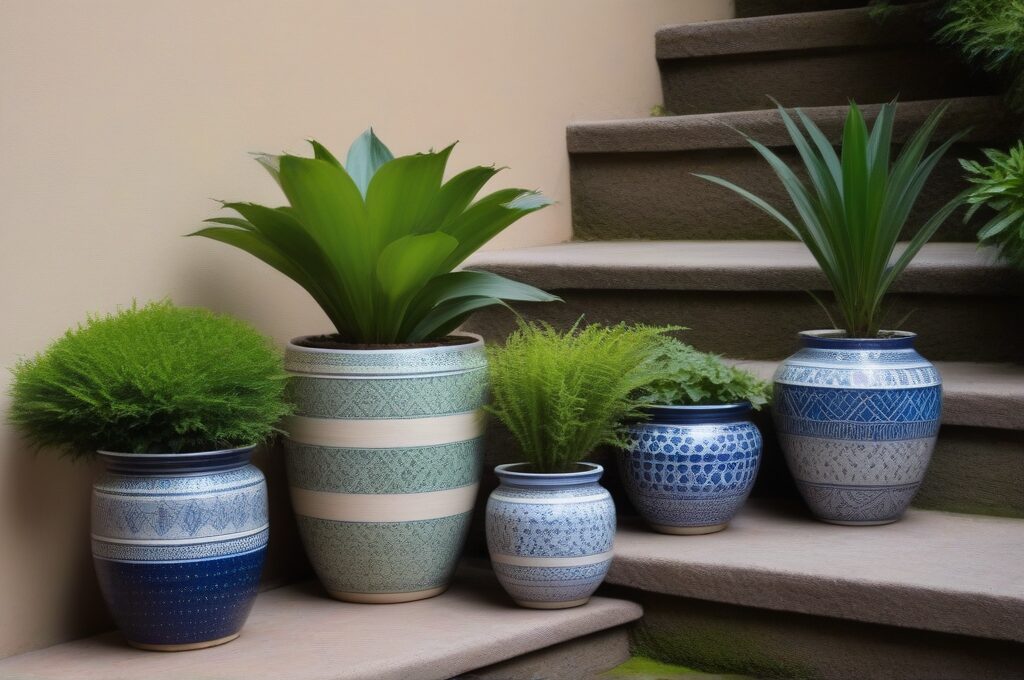 Colección de macetas decoradas con diferentes patrones de transfer en escalones de piedra con plantas verdes