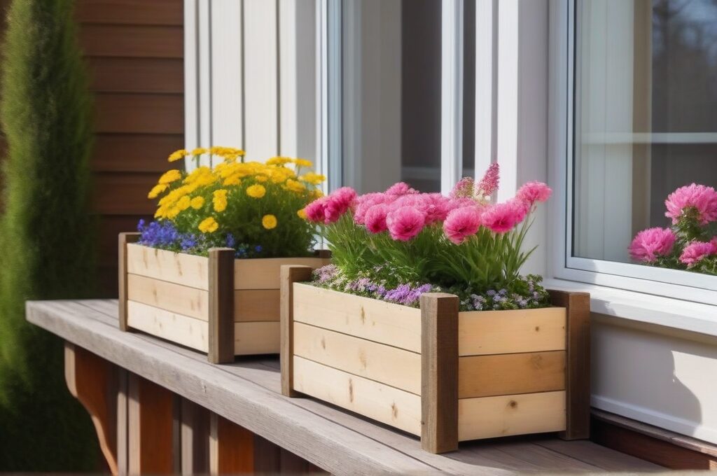 Tres maceteros DIY de madera reciclada con flores de primavera en un balcón
