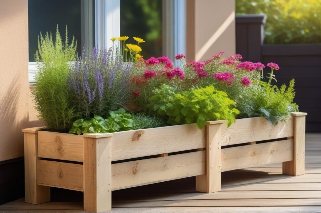 Macetero de madera reciclada con hierbas y flores en un patio soleado