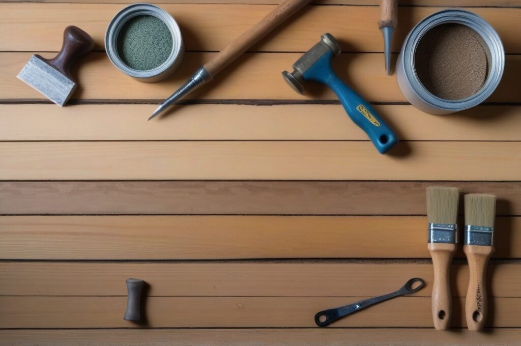 Materiales necesarios para hacer maceteros de madera reciclada: tablas, martillo, clavos, lija y cinta métrica