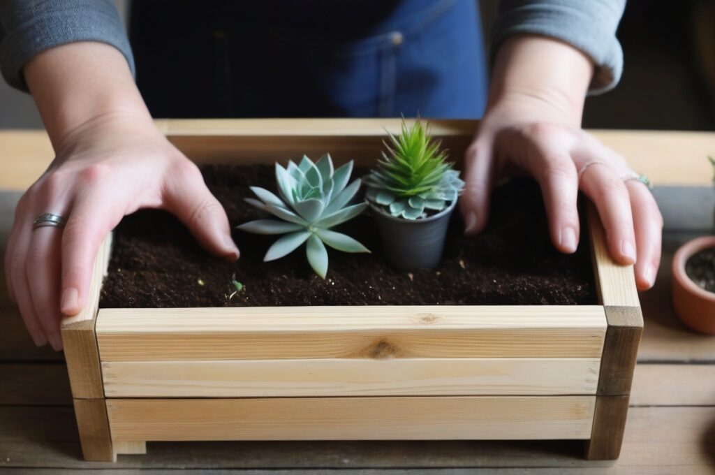 Manos montando un macetero casero de madera reciclada paso a paso