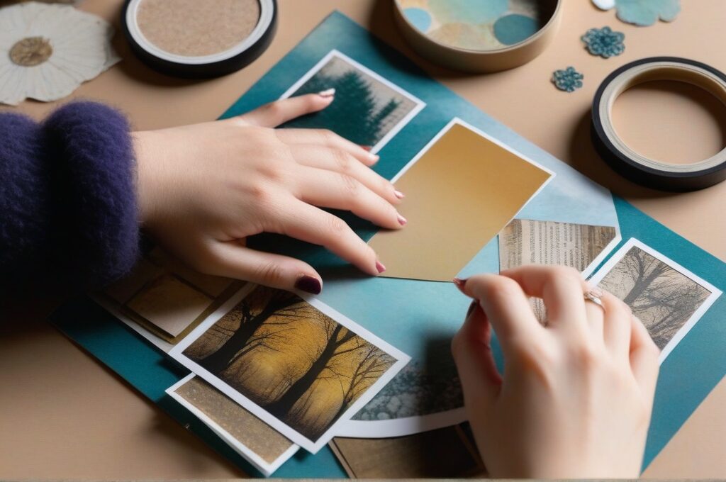 Manos trabajando en una página de scrapbook de técnica mixta con elementos digitales impresos y recortes tradicionales