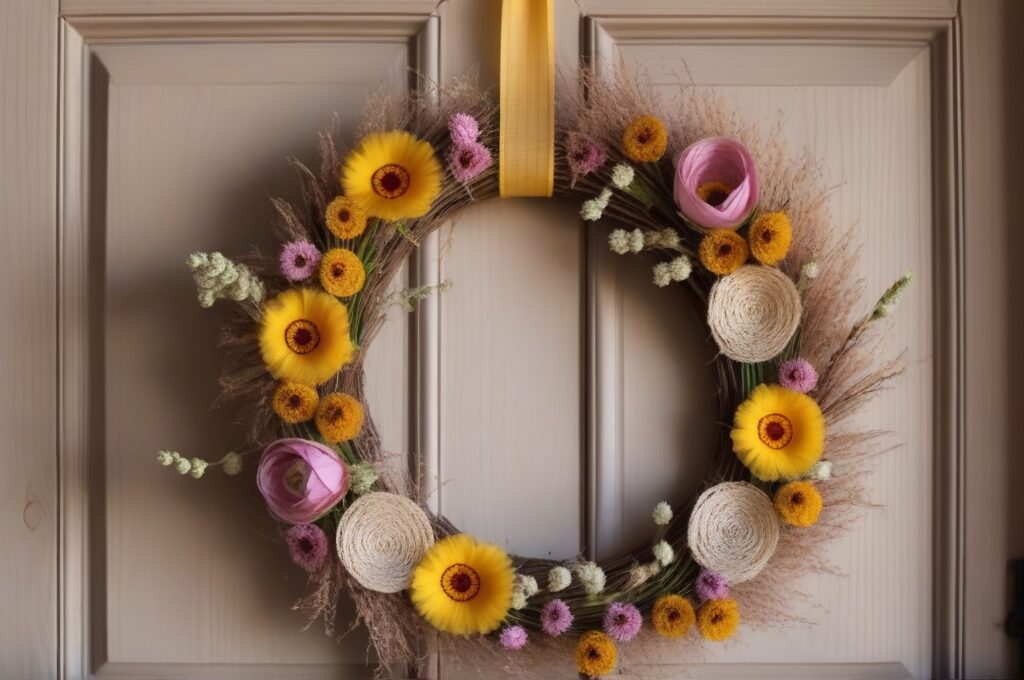 Corona de primavera casera con flores secas, cintas y materiales reciclados colgada en puerta de madera rustica