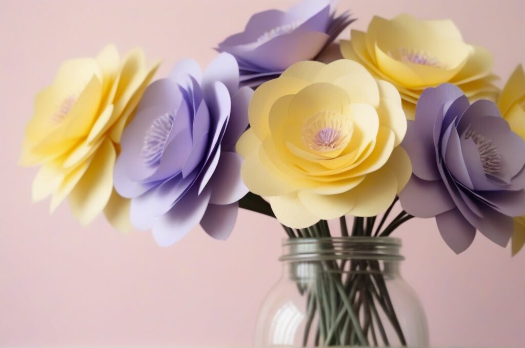 Flores de papel hechas a mano en colores pastel de primavera dentro de un jarron de cristal