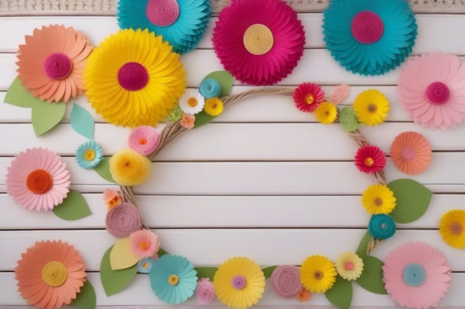 Coleccion de manualidades de primavera faciles sobre mesa de madera blanca con flores de papel, piedras pintadas y corona decorativa