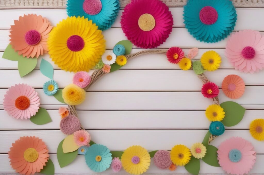 Coleccion de manualidades de primavera faciles sobre mesa de madera blanca con flores de papel, piedras pintadas y corona decorativa