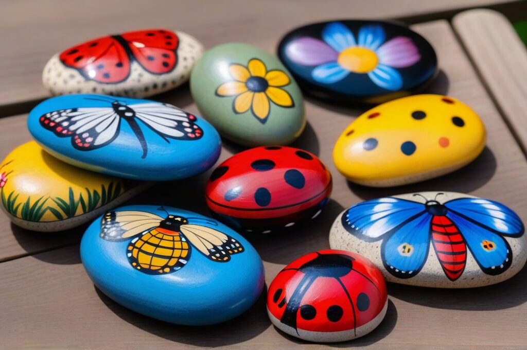 Piedras decorativas pintadas a mano con disenos primaverales de flores, mariquitas y mariposas