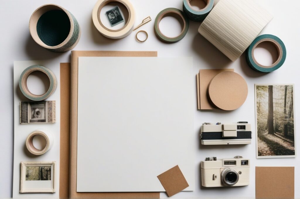 Materiales de scrapbooking: páginas impresas, washi tape, efímeros vintage y mockups digitales sobre fondo blanco