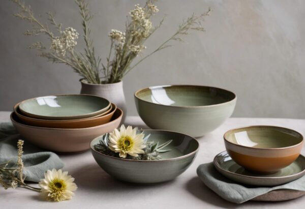 Platos y cuencos de cerámica casera con esmaltes orgánicos en tonos tierra y verde salvia decorados con flores frescas