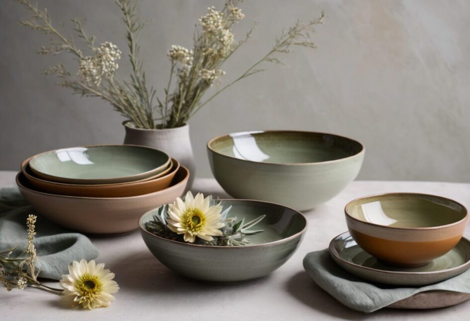 Platos y cuencos de cerámica casera con esmaltes orgánicos en tonos tierra y verde salvia decorados con flores frescas