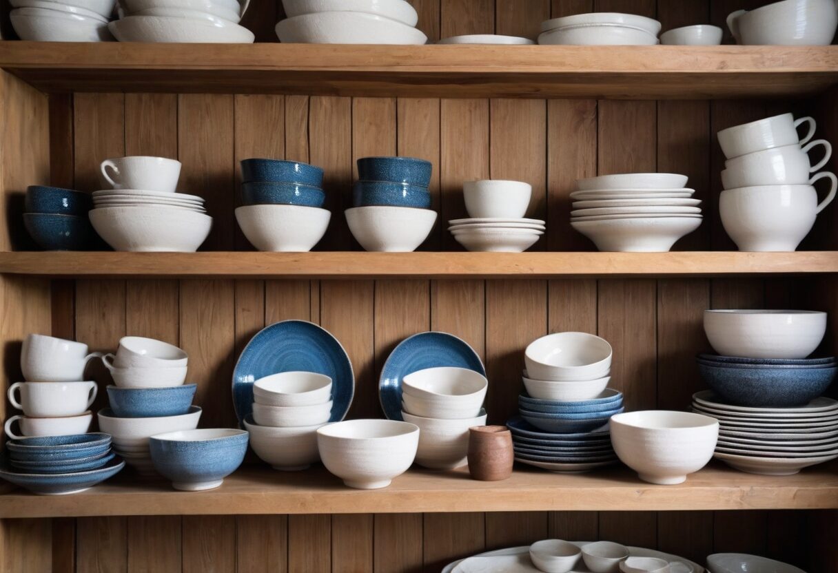 Colección de cerámica casera con cuencos platos y fuentes dispuestos en estantes de madera en interior rústico