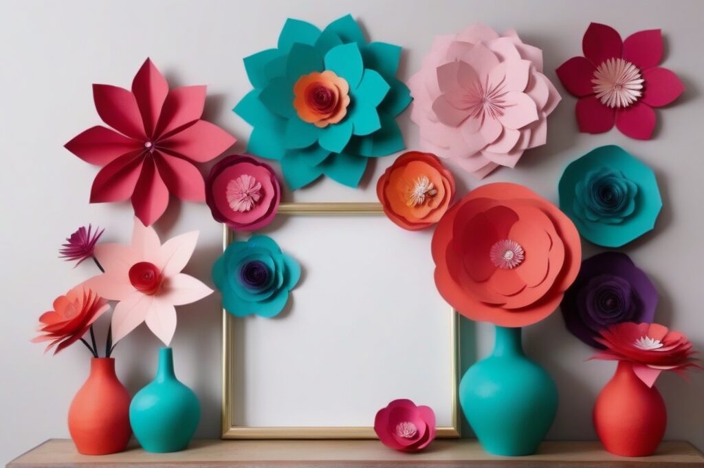 Exposición de diversos diseños de flores de papel 3D en jarrones y marcos decorativos en habitación luminosa