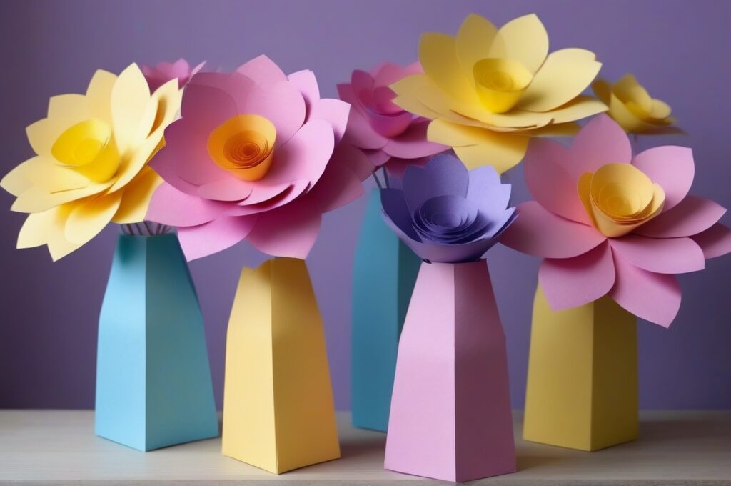 Flores de papel 3D de colores primaverales hechas por niños en jarrones de papel con luz natural