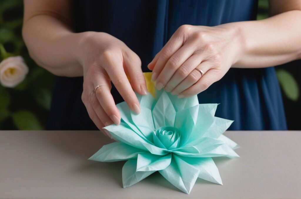 Manos doblando y pegando papel de seda para crear una flor 3D paso a paso