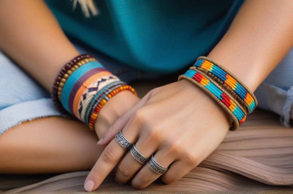 Pulseras tejidas a mano con patrones geométricos y boho apiladas en una muñeca con luz natural