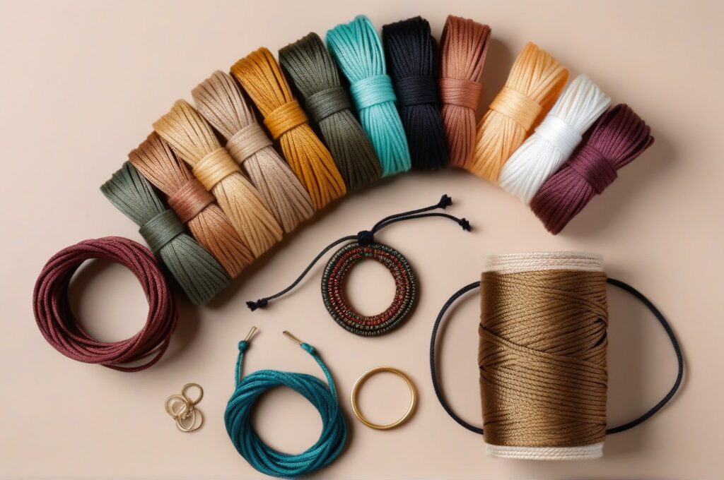 Vista cenital de materiales de cordones e hilos junto a pulseras tejidas terminadas en tonos tierra y colores vibrantes