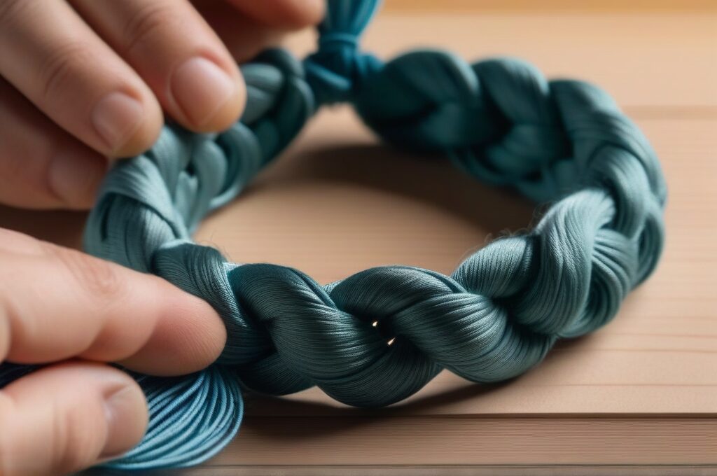 Primer plano de manos tejiendo una pulsera con técnica de nudos paso a paso bajo luz cálida