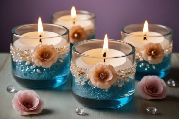 Velas de gel decorativas con flores y cuentas embebidas en recipientes de cristal con iluminacion calida