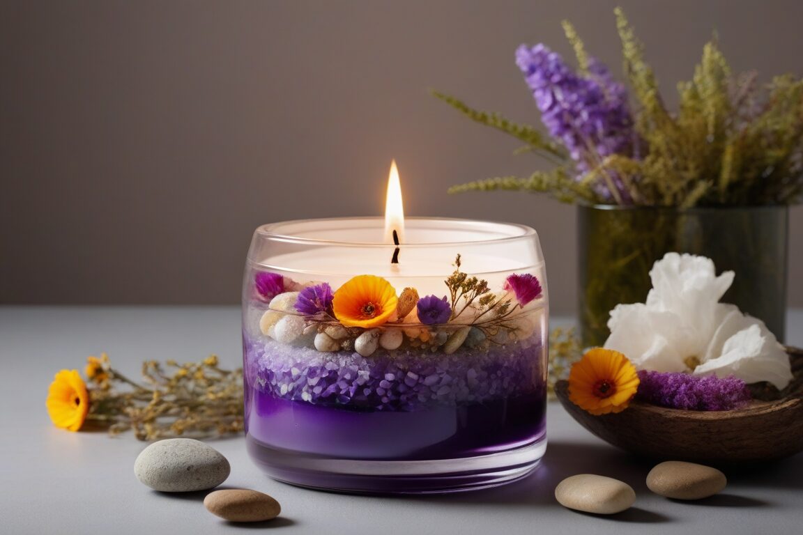 Vela de gel transparente con capas de colores y elementos naturales como piedras y flores secas