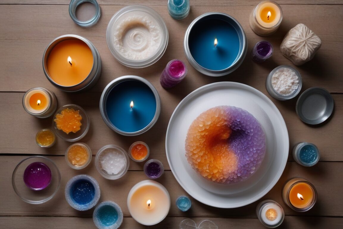 Espacio de trabajo con materiales para hacer velas de gel incluyendo gel fundido moldes y elementos decorativos