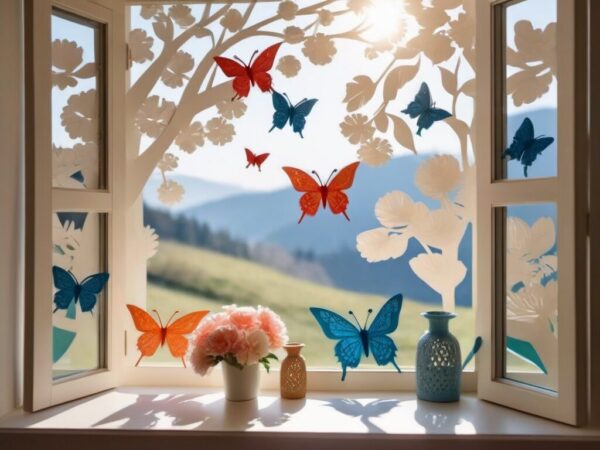 Decoraciones de papel recortado de primavera con flores, mariposas y pajaros en ventana soleada