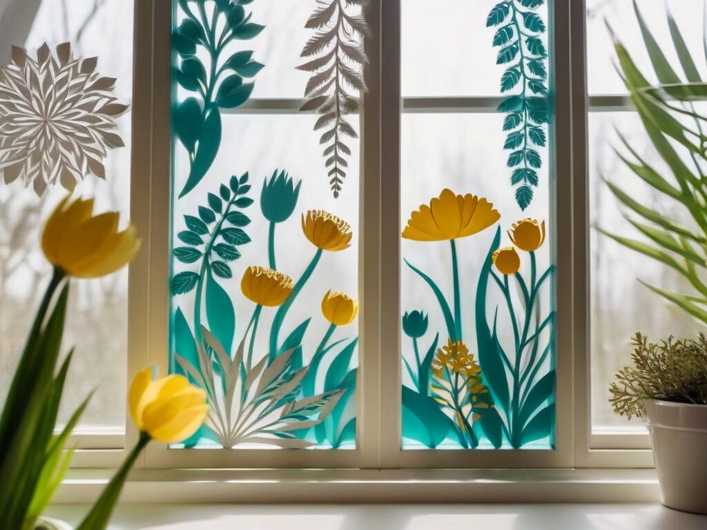 Primer plano de disenos de papel recortado con elementos botanicos de primavera contra ventana luminosa