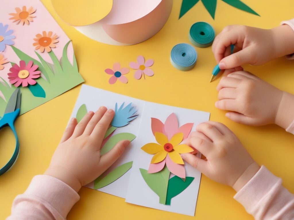 Manos de ninos recortando decoraciones de primavera con plantillas de papel actividad creativa