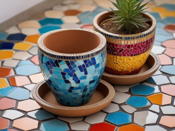 Objetos decorados con mosaiquismo: macetas, espejos y cajas con piezas de azulejo colorido bajo luz natural