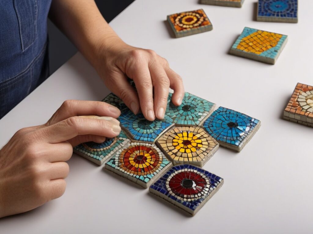 Manos colocando pequeñas teselas de mosaico sobre un objeto mostrando la técnica de grouting y combinación de colores