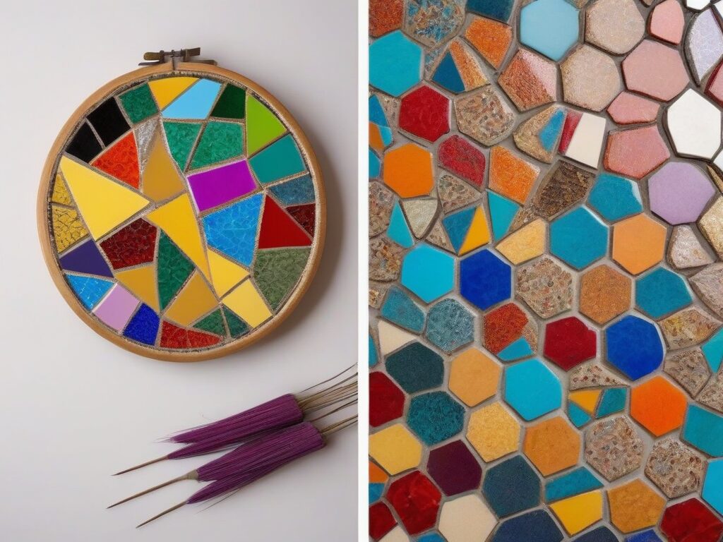 Antes y después de un objeto antiguo transformado en pieza de arte con mosaico colorido, composición dividida profesional