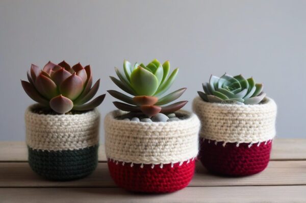 Macetas de crochet tejidas a mano con hilos naturales sosteniendo suculentas y plantas colgantes en estilo rústico