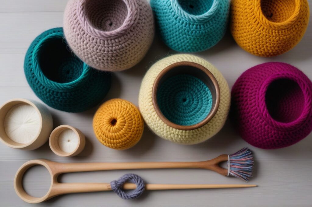 Vista cenital de materiales para tejer macetas de crochet con hilos de colores, ganchos y macetas terminadas artesanales