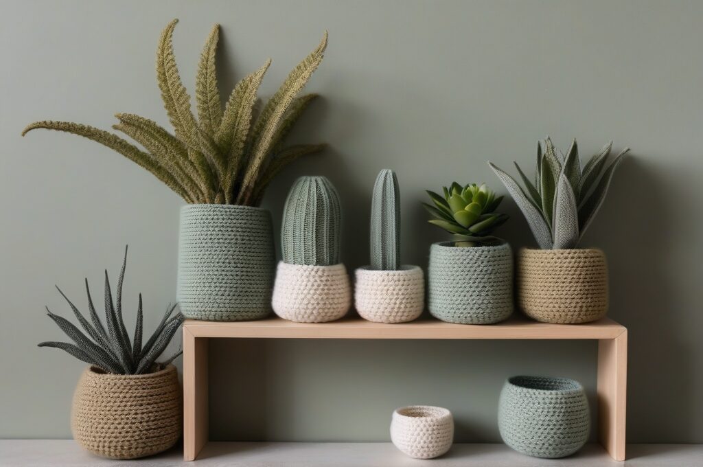 Estantería con varias macetas de crochet en tonos verde salvia y neutros con plantas de interior en estilo botánico