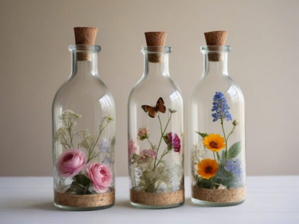 Botellas de vidrio transparentes decoradas con tecnica decoupage con motivos botanicos y florales bajo luz natural