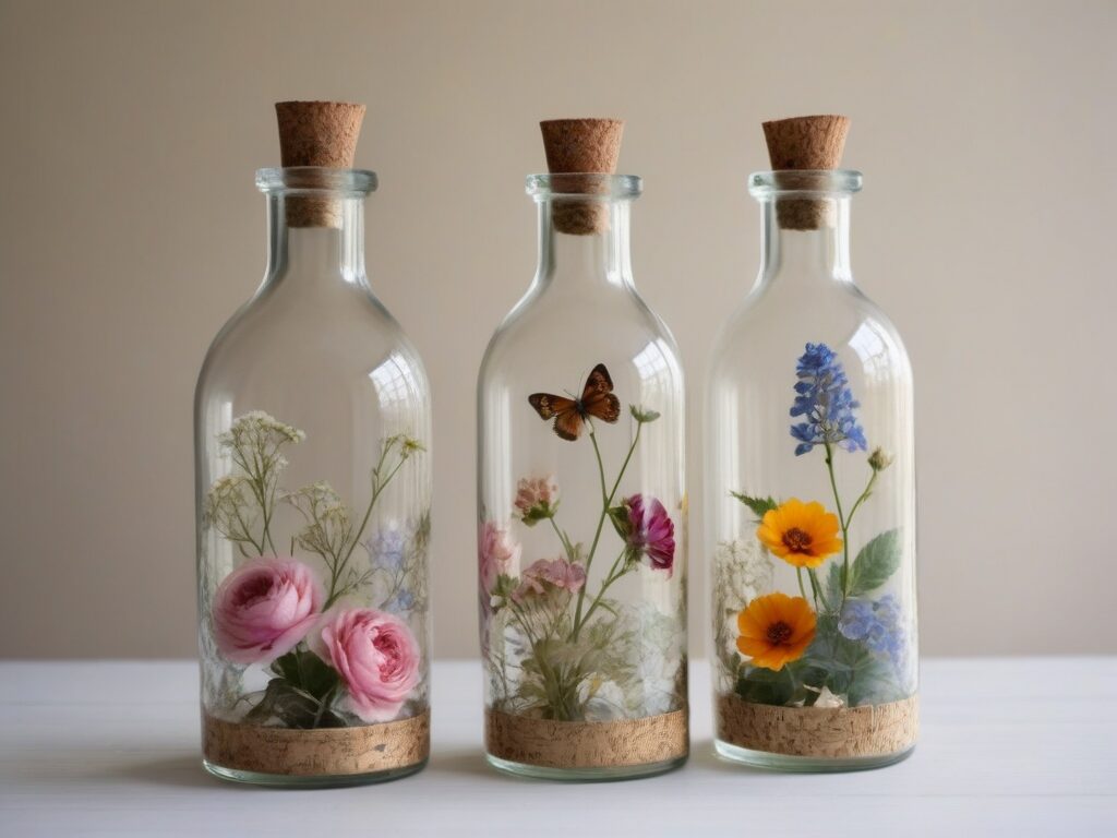 Botellas de vidrio transparentes decoradas con tecnica decoupage con motivos botanicos y florales bajo luz natural