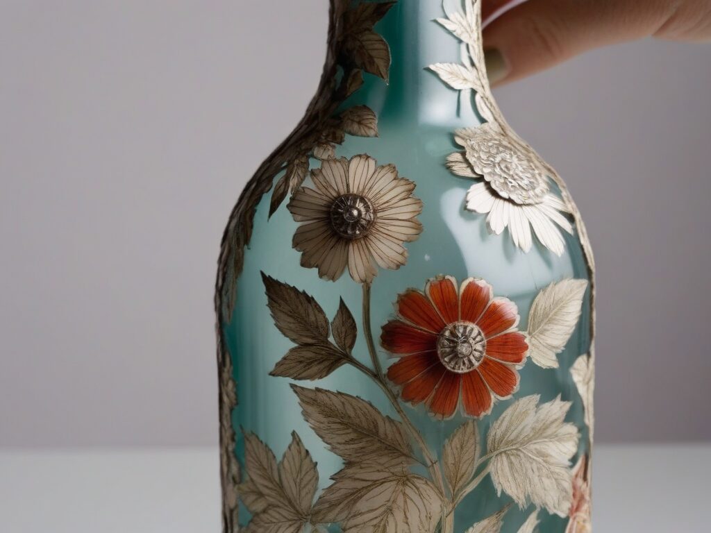 Detalle de la tecnica decoupage aplicada sobre botella de vidrio con recortes de papel precisos y acabado brillante