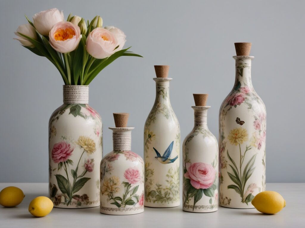 Coleccion de botellas decoradas con decoupage en varios tamanos con disenos primaverales en ambiente de interior