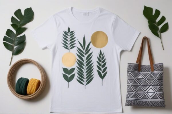 Camiseta y bolsa de tela pintadas a mano con diseños botánicos y geométricos sobre fondo blanco