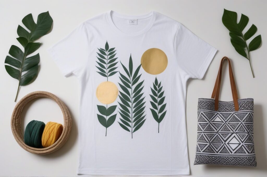 Camiseta y bolsa de tela pintadas a mano con diseños botánicos y geométricos sobre fondo blanco
