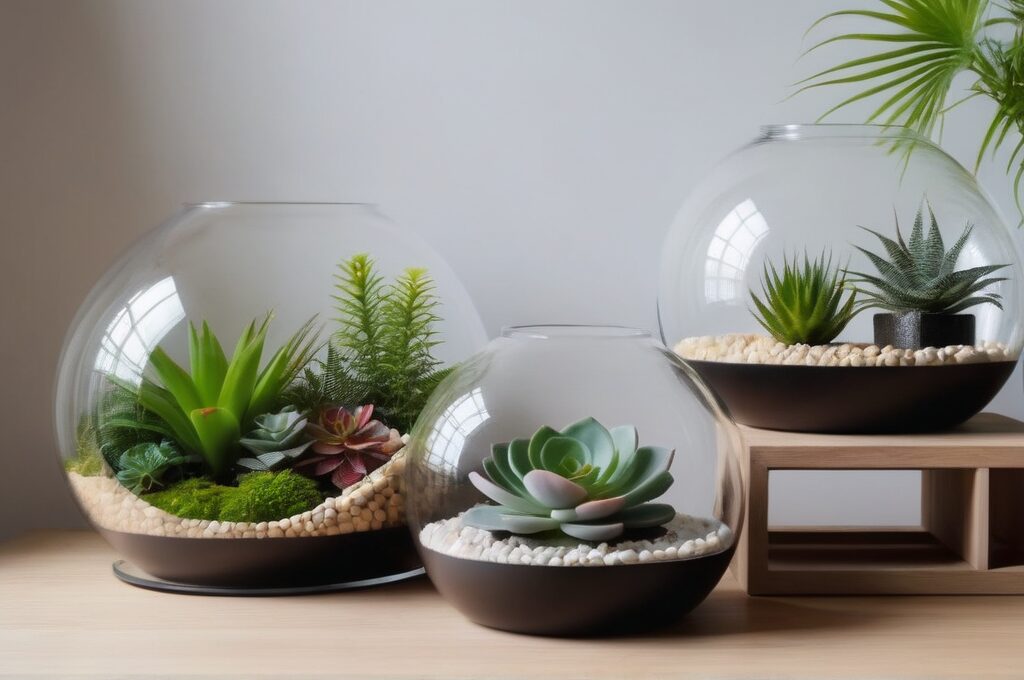 Varios disenos de terrarios abiertos con diferentes combinaciones de plantas y elementos decorativos en estanteria