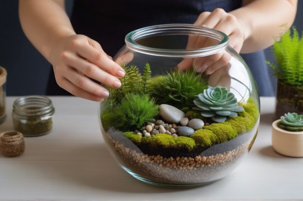 Manos montando las capas de un terrario con tierra, musgo, plantas y elementos decorativos en recipiente de vidrio