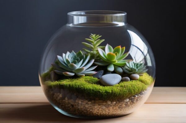 Terrario abierto minimalista con musgo, suculentas y piedras en recipiente de vidrio sobre escritorio de madera